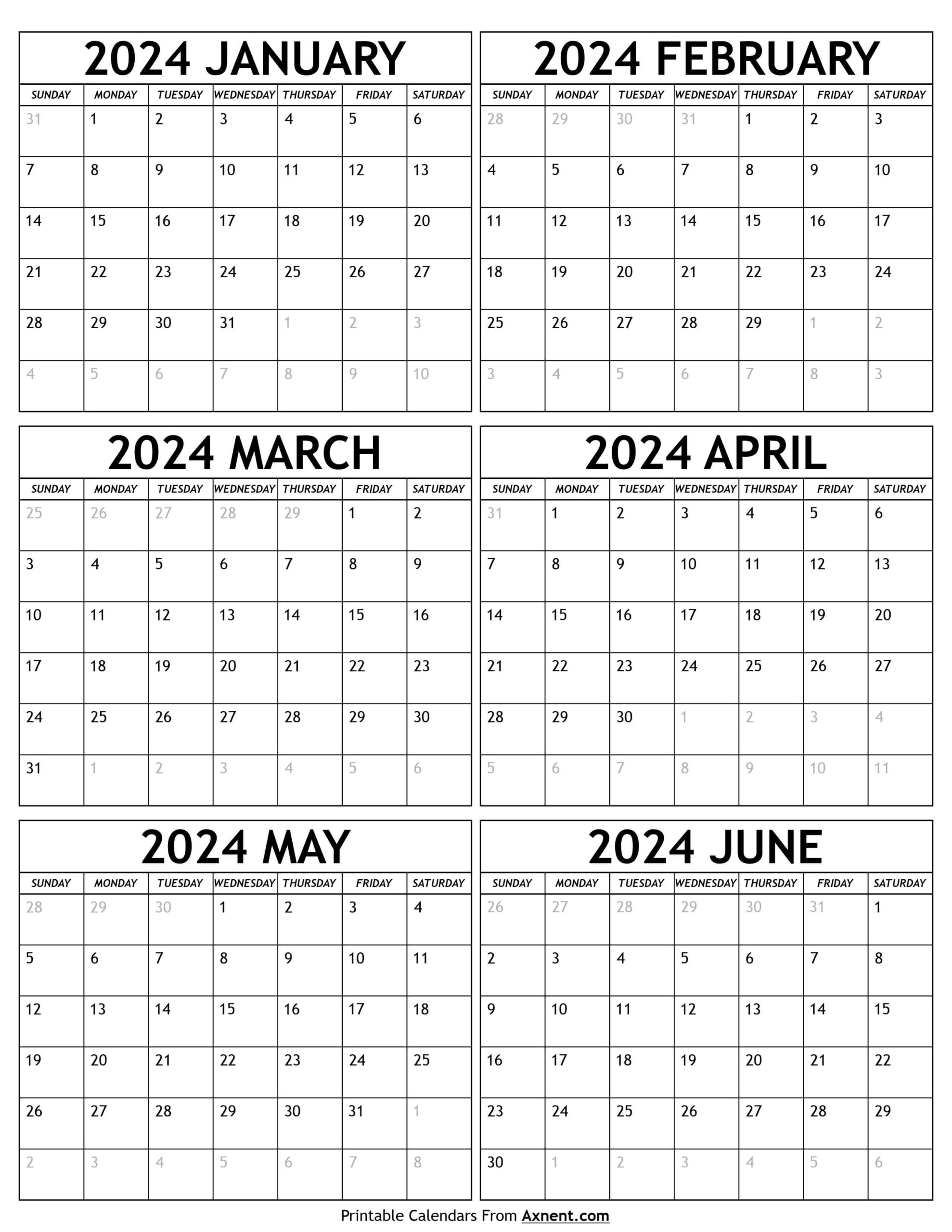 January To June 2024 Calendar Templates - Six Months | January 2024 Calendar Nz Printable