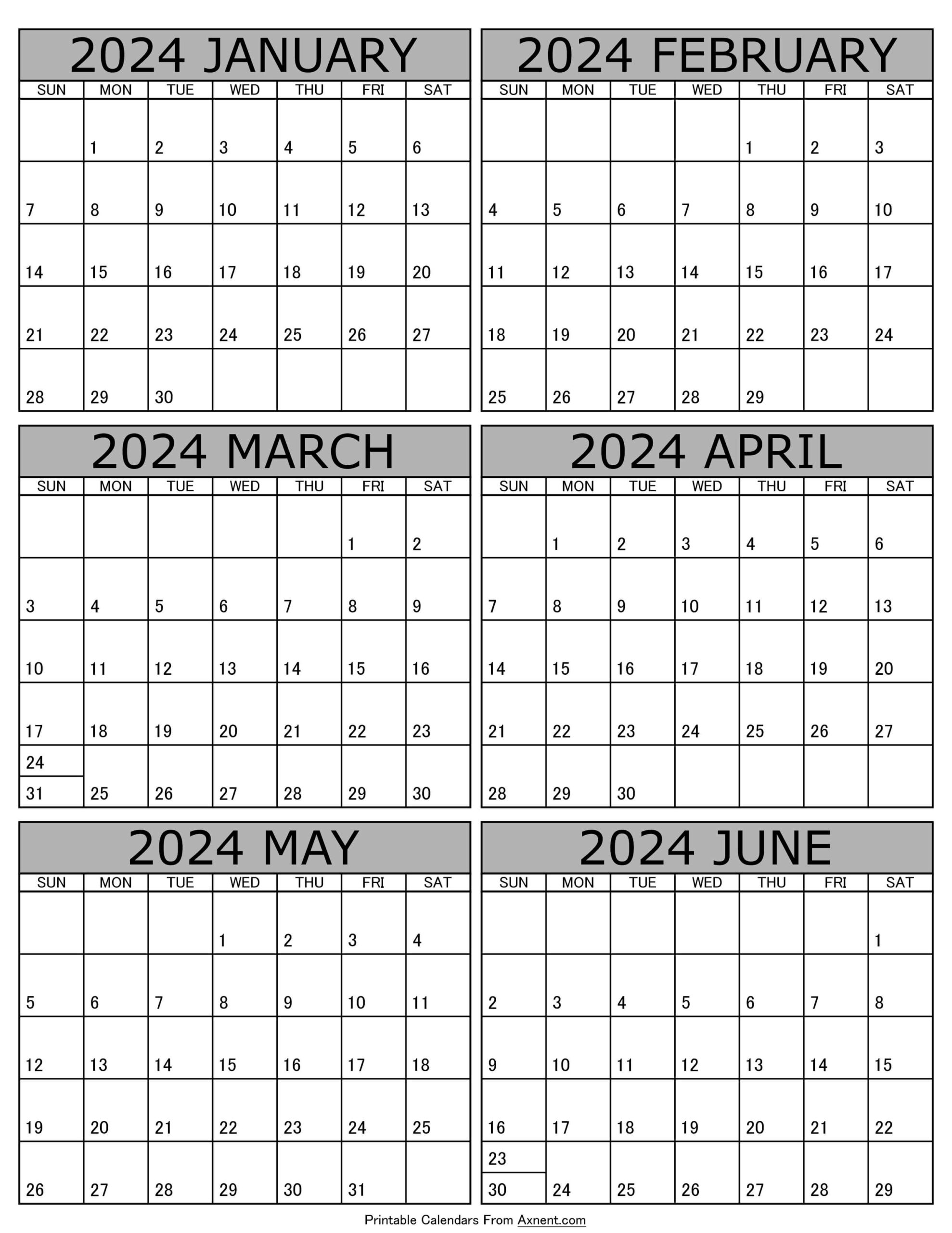 January To June 2024 Calendar Templates - Six Months | Printable Calendar 2024 6 Months