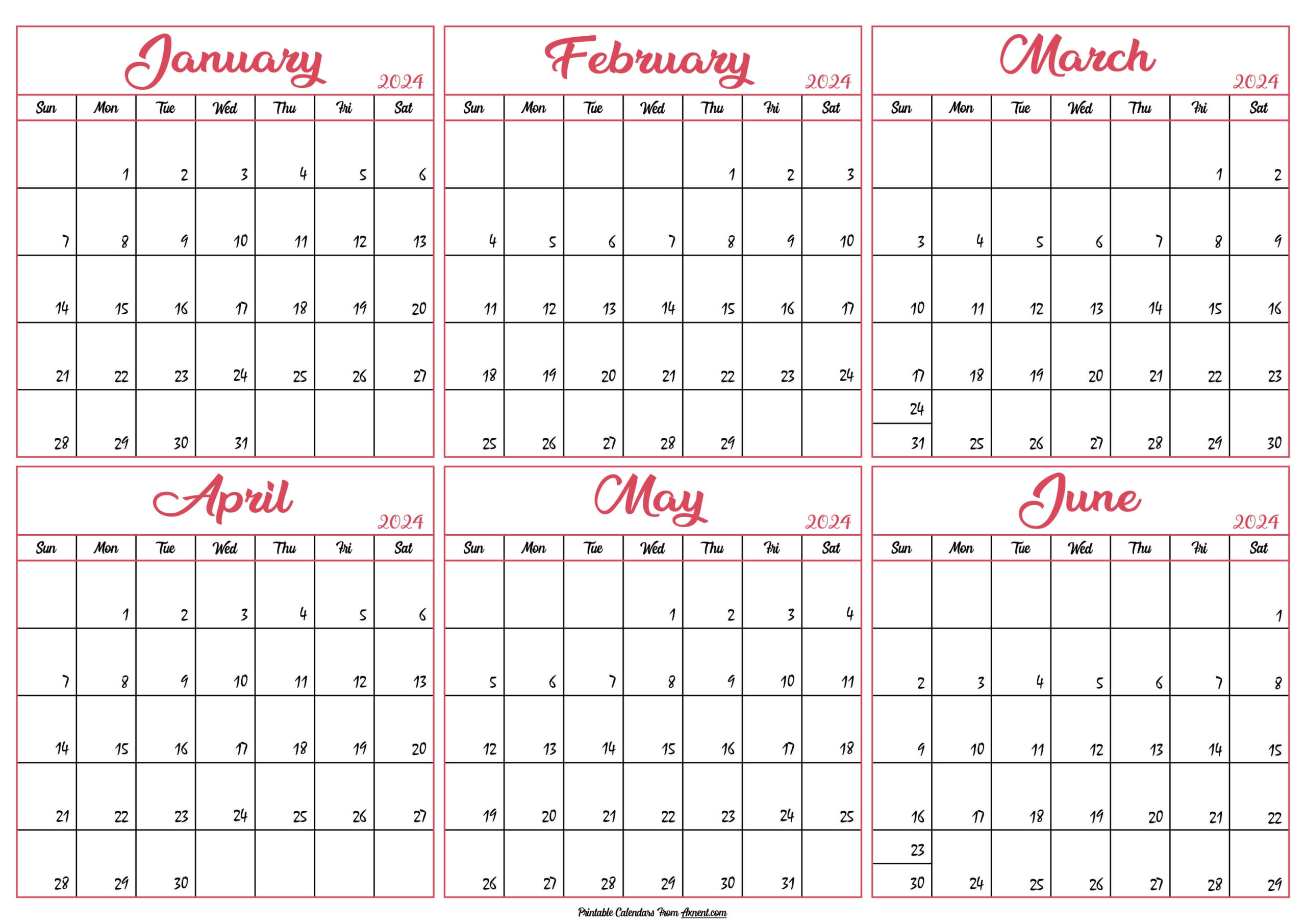 January To June 2024 Calendar Templates - Six Months | Printable Calendar 2024 6 Months
