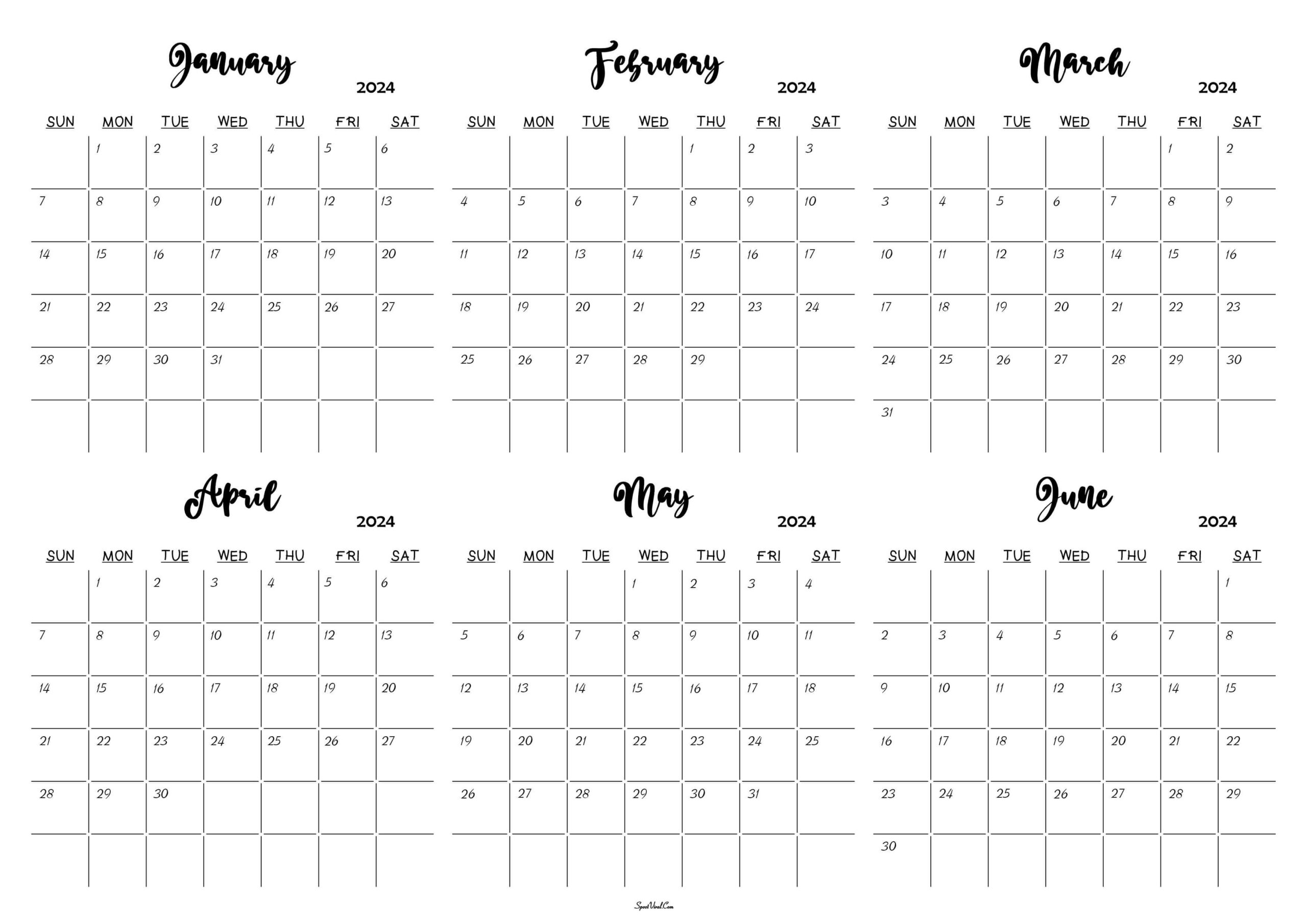January To June 2024 Calendar Templates- Spootviral | Printable Calendar 2024 6 Months