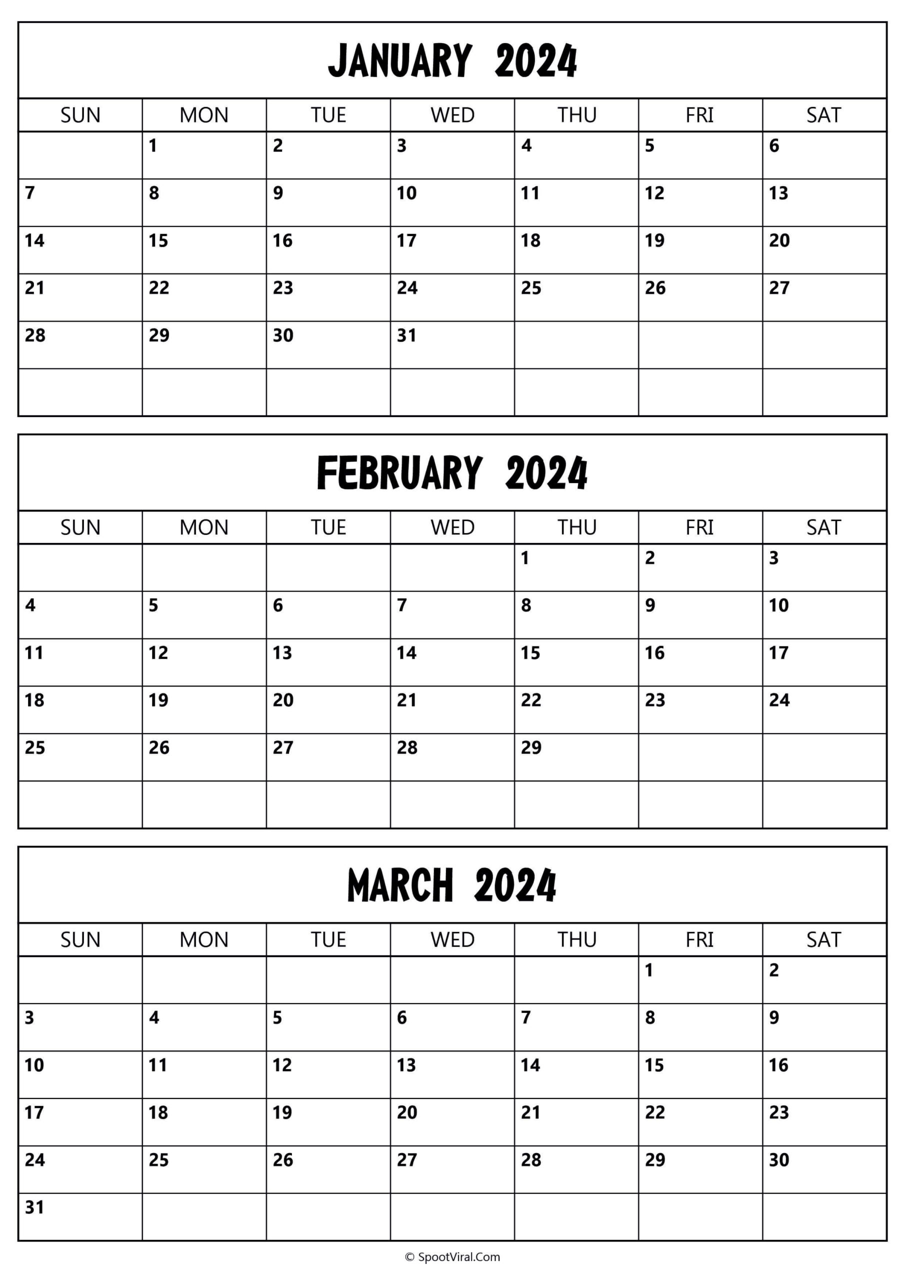 January To March 2024 Calendar Templates - Spootviral | Printable Calendar 2024 January February March