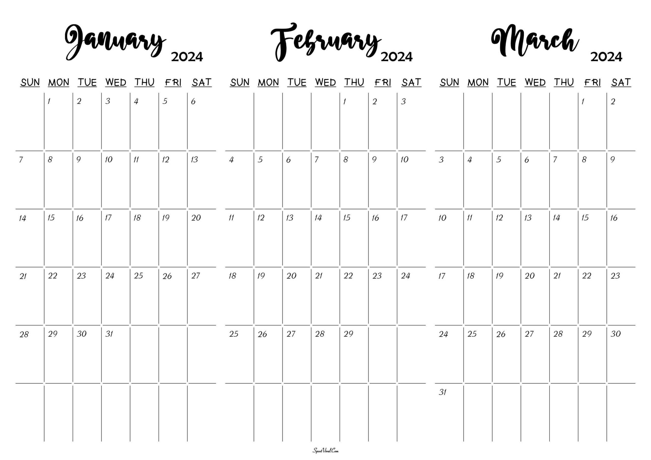 January To March 2024 Calendar Templates - Spootviral | Printable Calendar 2024 January February