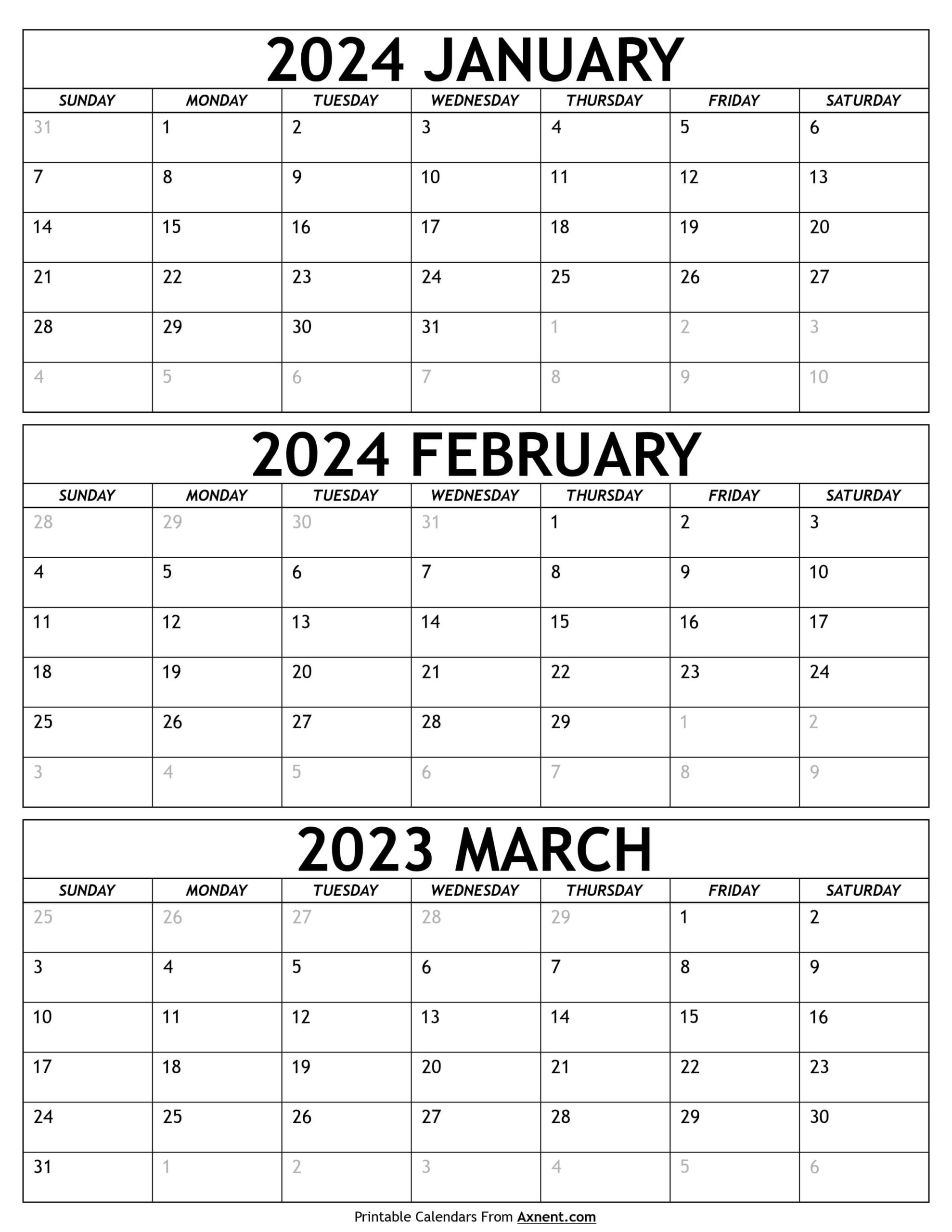 January To March Calendar 2024 Templates - Three Months | 2024 Calendar Printable 3 Months Per Page