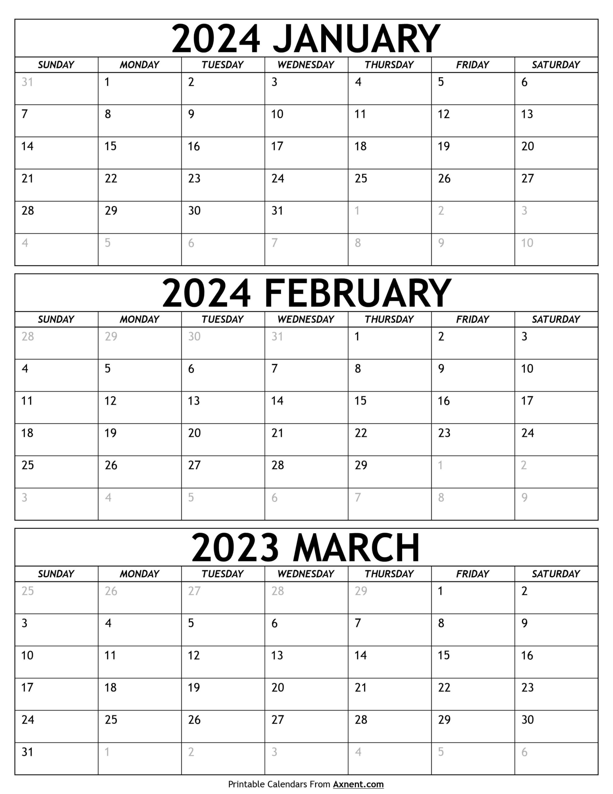 January To March Calendar 2024 Templates - Three Months | 3 Month Printable Calendar 2024