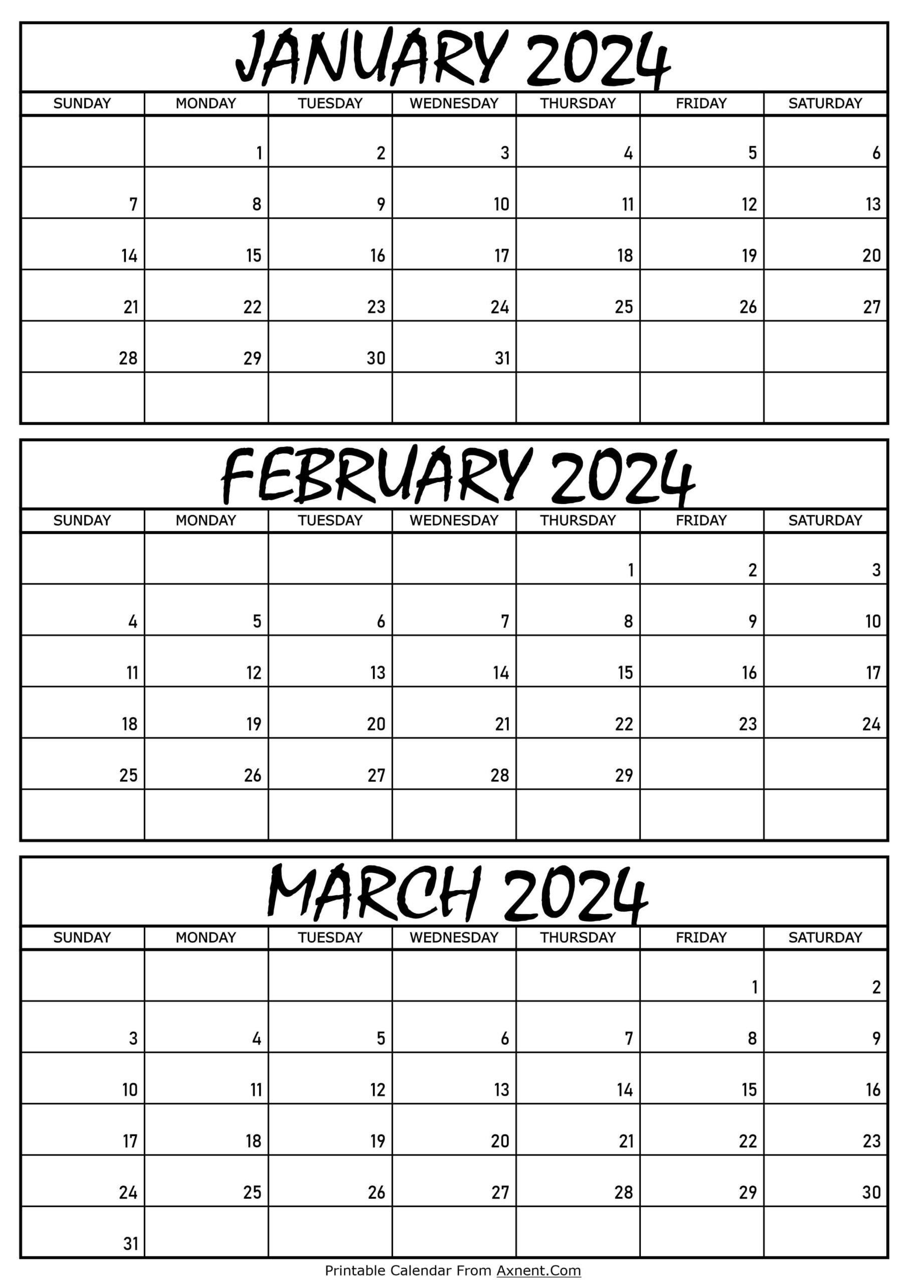 January To March Calendar 2024 Templates - Three Months | Printable Calendar 2024 January And February