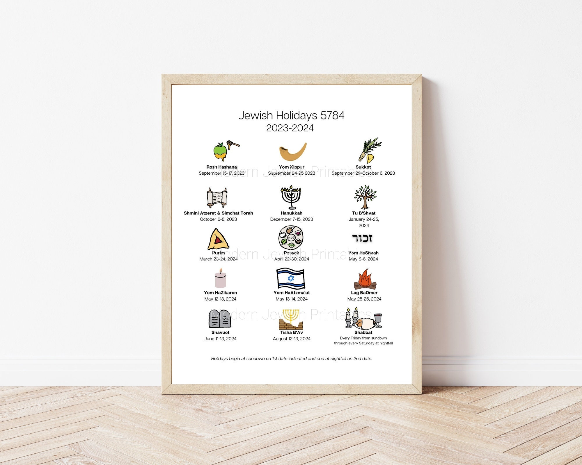 Jewish Holiday Calendar Printable For 5784 2023/2024 - Etsy Canada | Jewish Calendar 2024 Printable