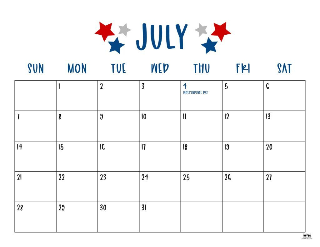July 2024 Calendars - 50 Free Printables | Printabulls In 2023 | July 2024 Calendar Printable