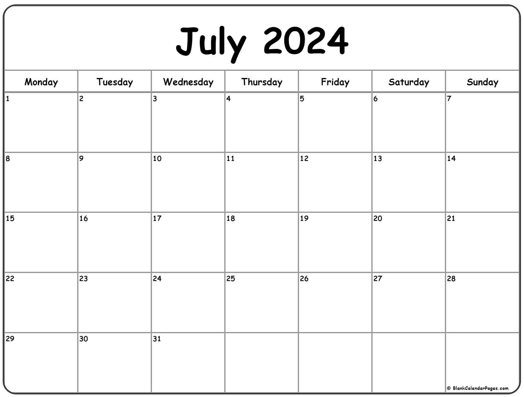 July 2024 Monday Calendar | Monday To Sunday | Printable Calendar 2024 July