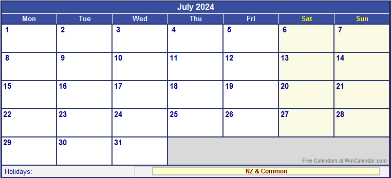 July 2024 New Zealand Calendar With Holidays For Printing (Image | Calendar 2024 Printable Nz