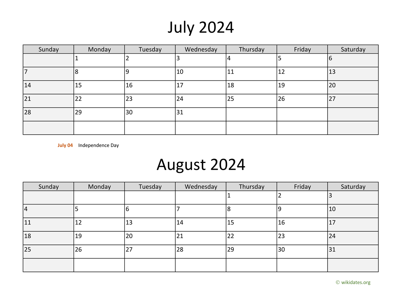 July And August 2024 Calendar | Wikidates | Printable Calendar 2024 July And August