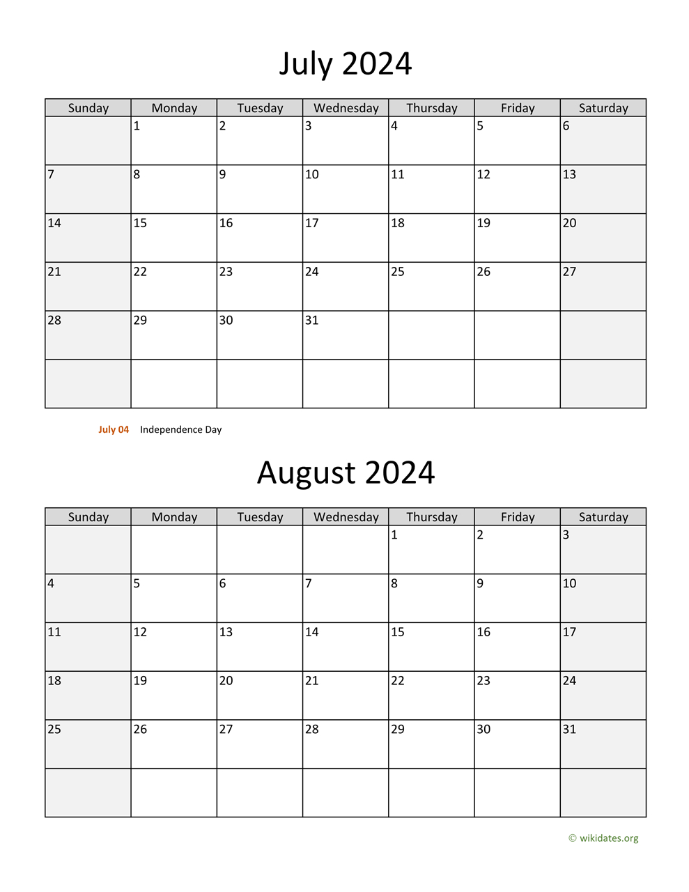 July And August 2024 Calendar | Wikidates | Printable Calendar 2024 July And August