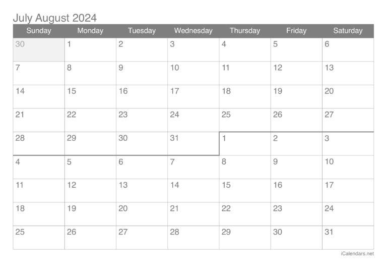 July And August 2024 Printable Calendar | Printable Calendar 2024 July and August