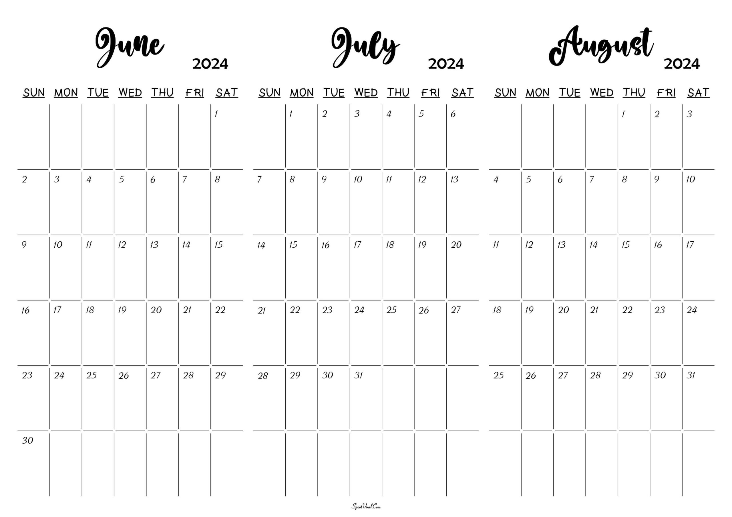 June To August 2024 Calendar Templates - Spootviral | Printable Calendar 2024 July And August