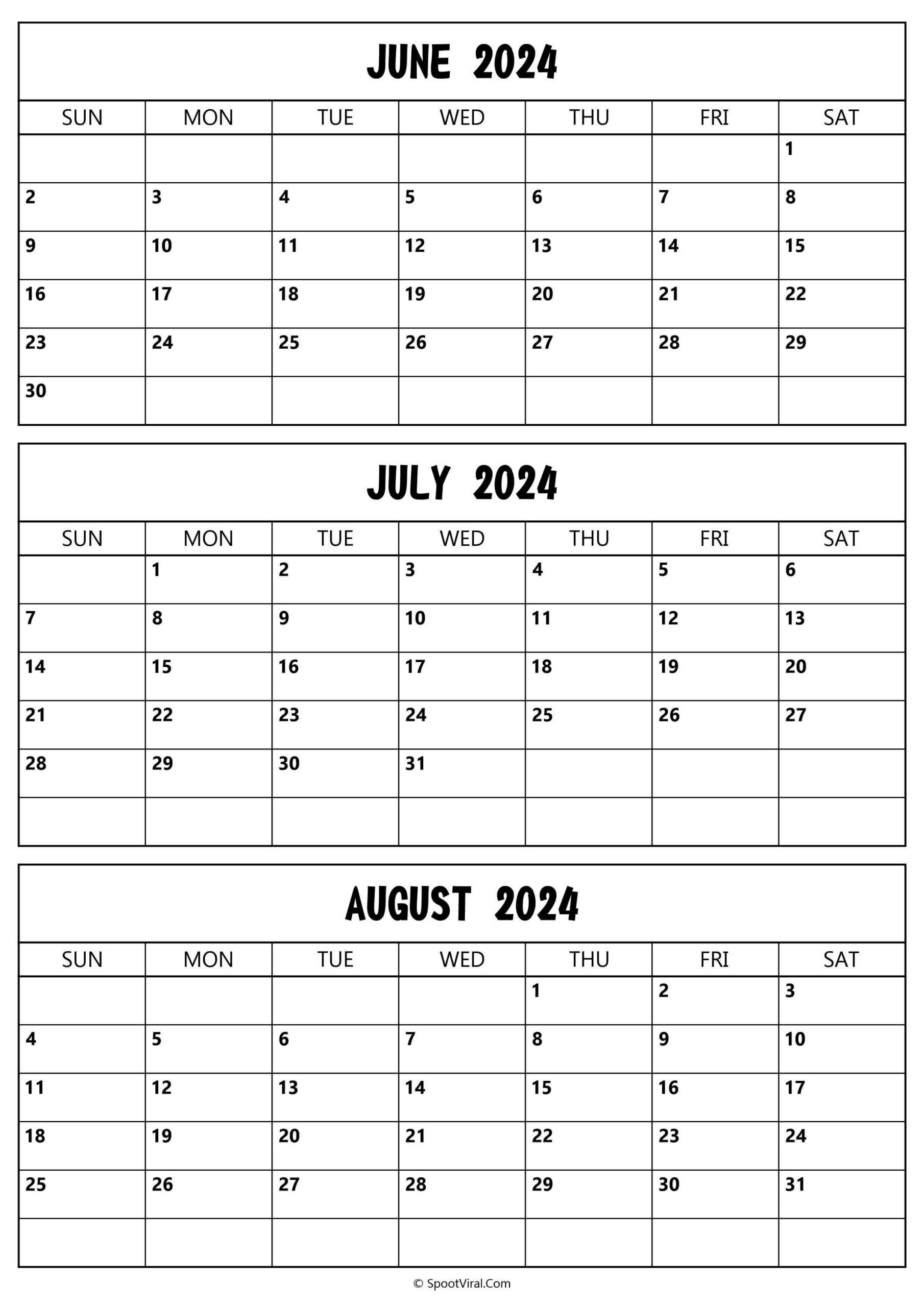 June To August 2024 Calendar Templates - Spootviral | Printable Calendar 2024 June July August