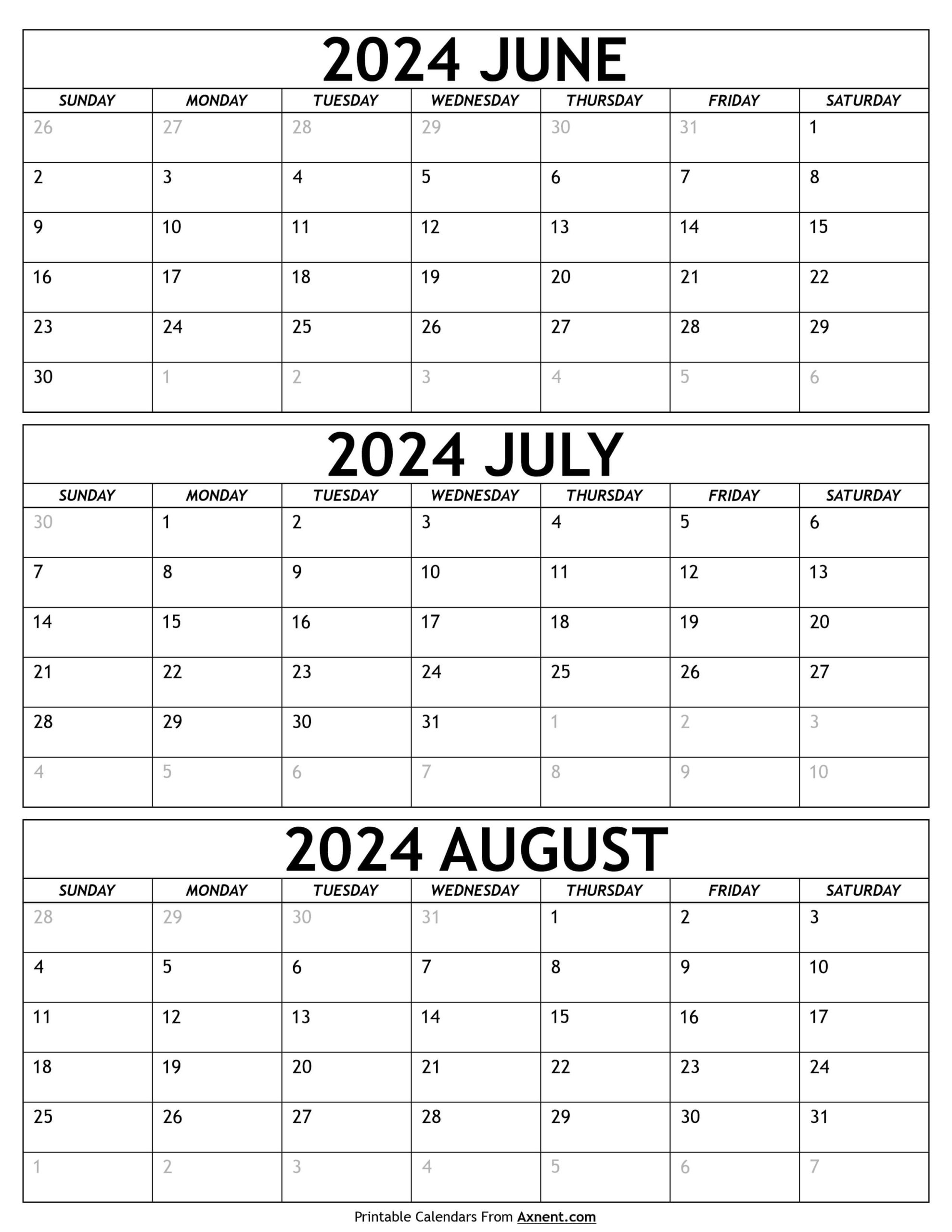June To August Calendar 2024 Templates - Three Months | Printable Calendar 2024 July And August