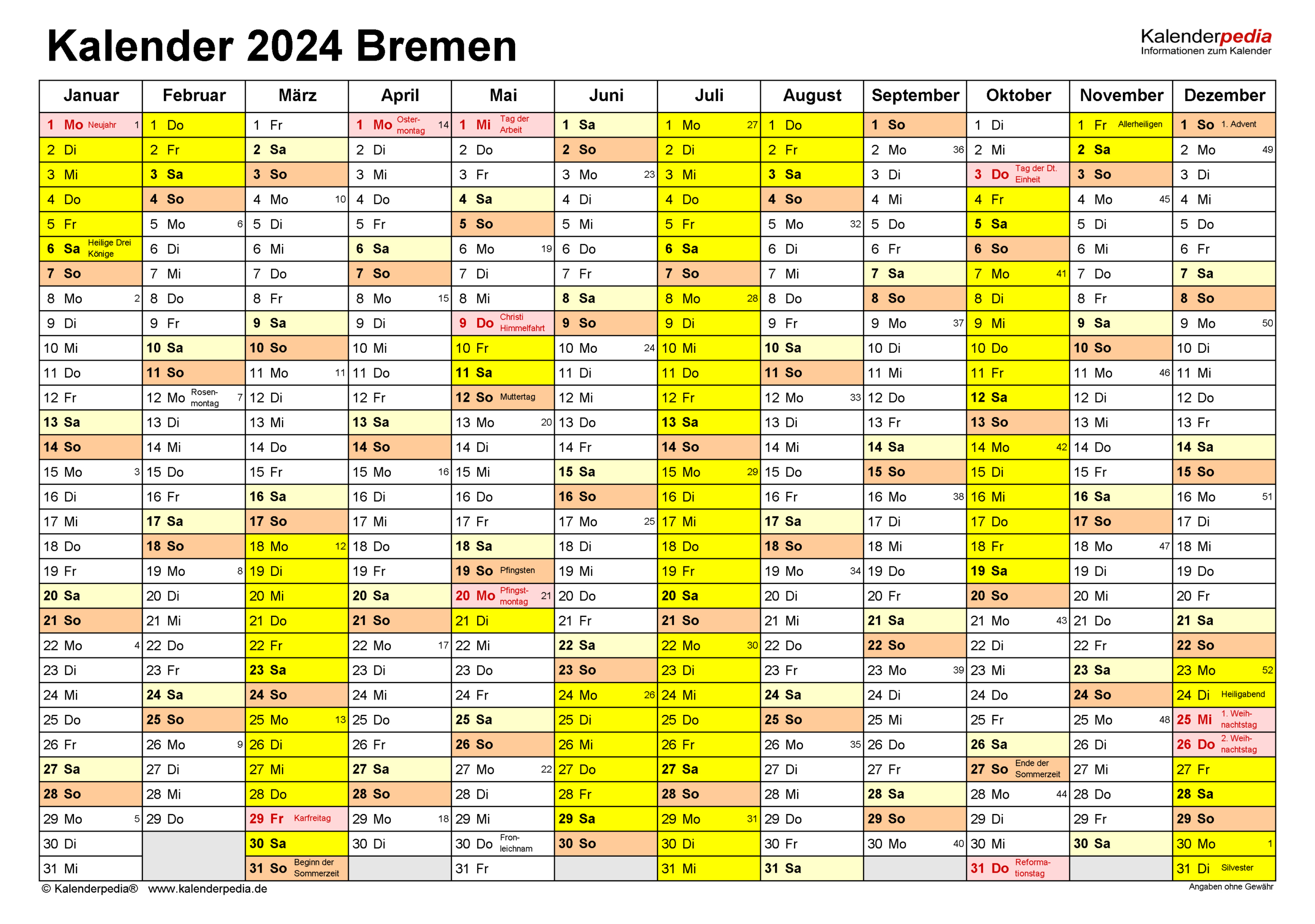 Kalender 2024 Bremen: Ferien, Feiertage, Pdf-Vorlagen | Kalender 2024