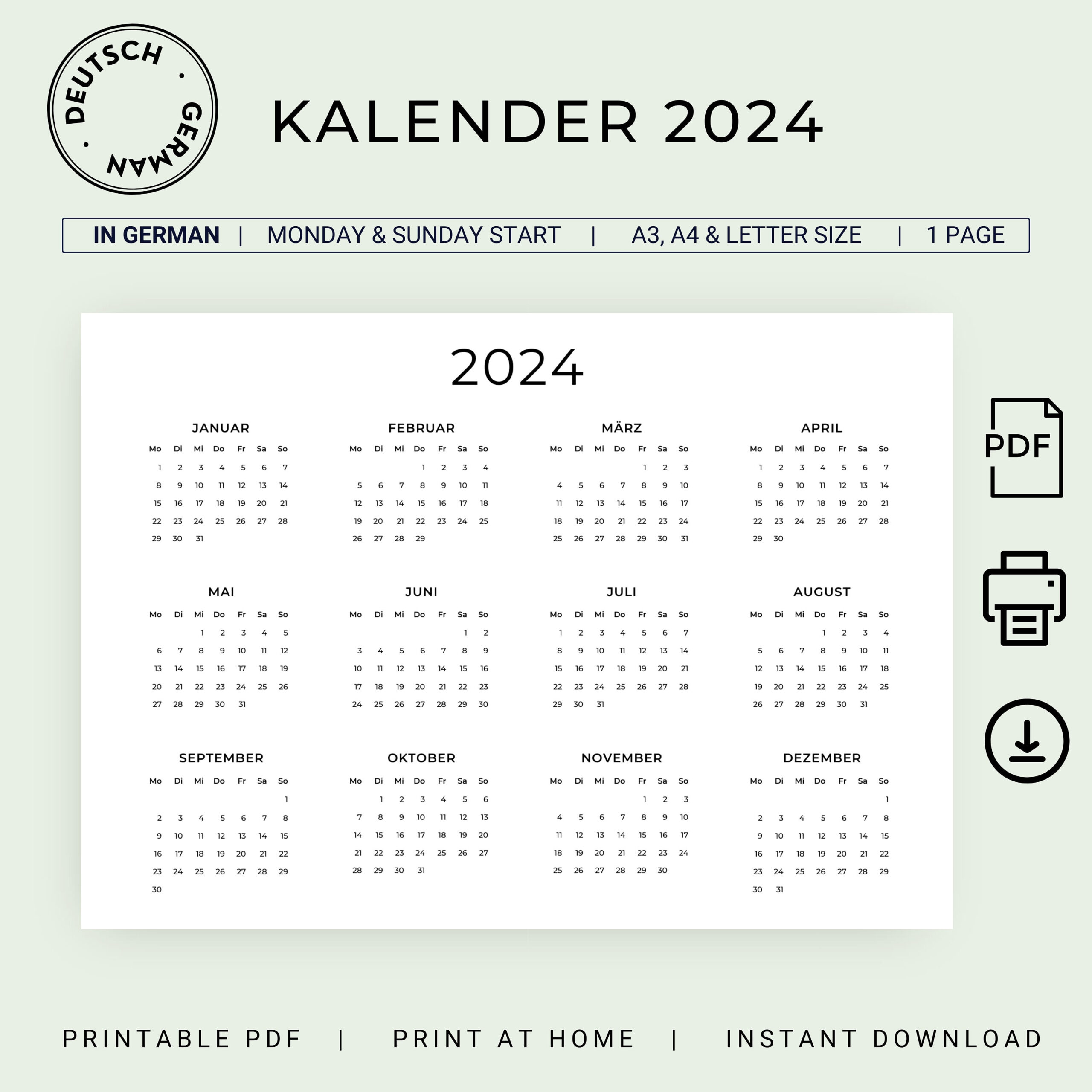 Kalender 2024 Kalender Deutsch Jahreskalender 2024 Yearly - Etsy | Printable Calendar 2024 Germany