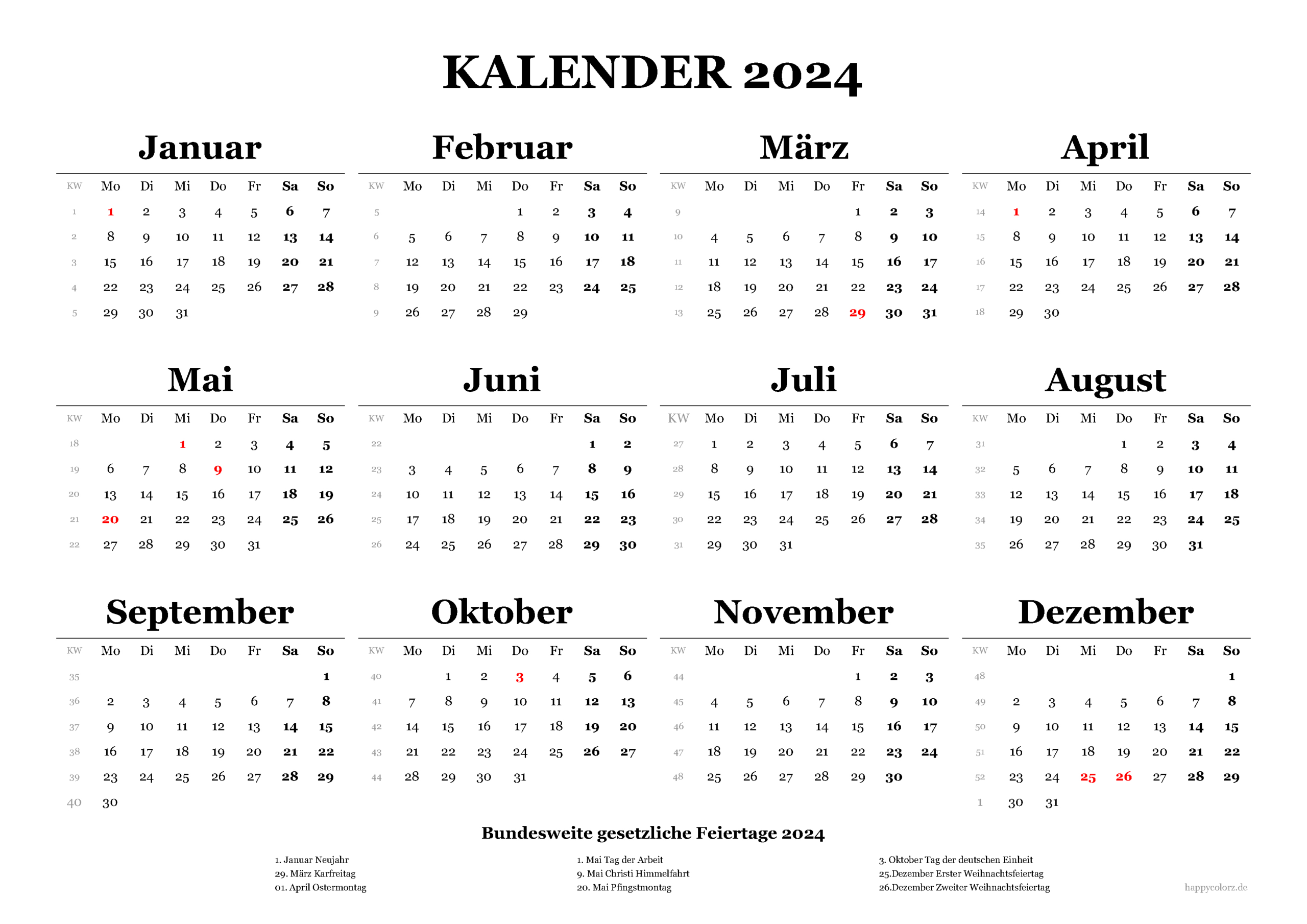 Kalender 2024 Mit Kalenderwochen Und Feiertagen (Pdf, Xls &Amp;Amp;Amp; Png) | Kalender 2024