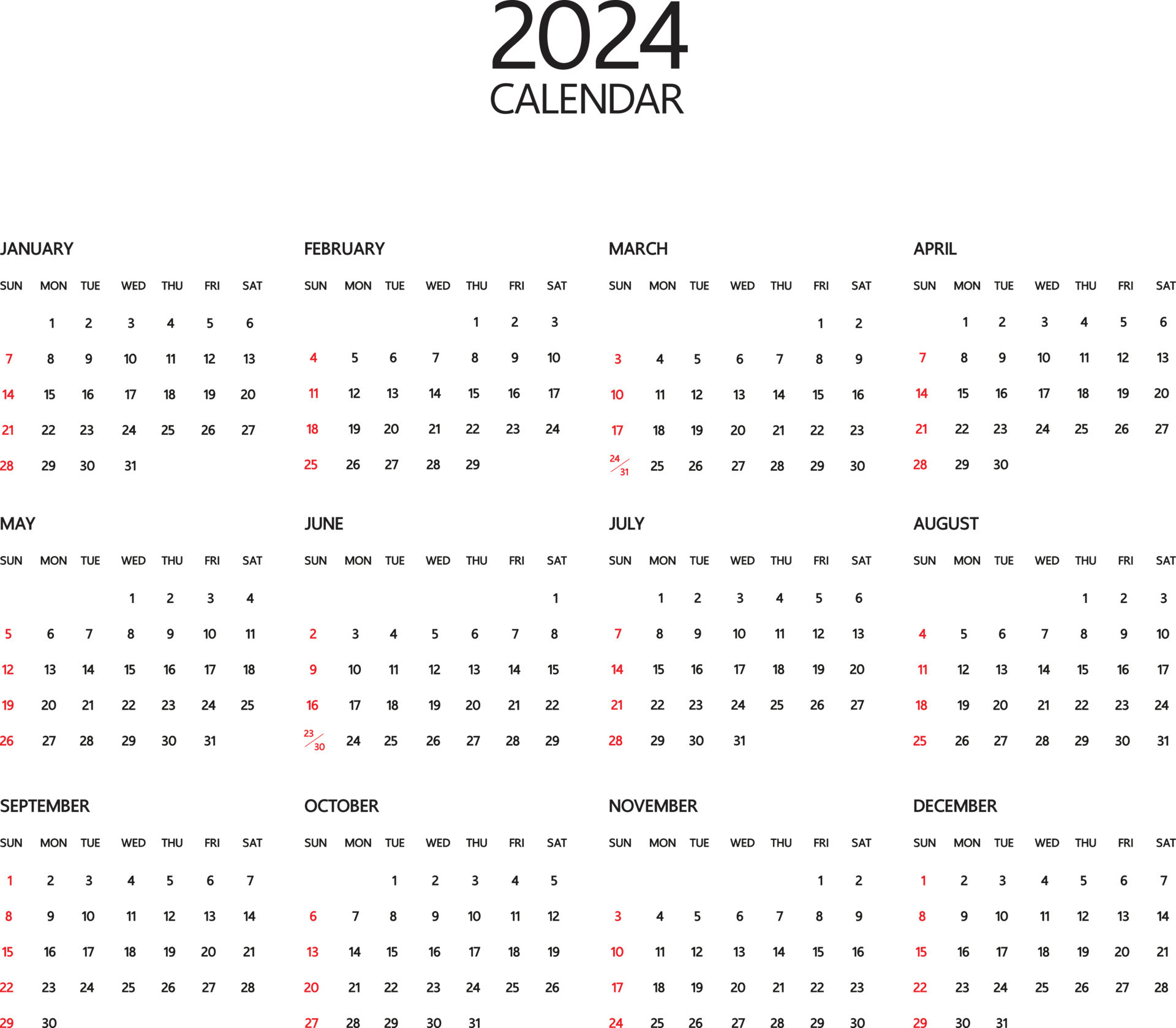 Le Vecteur De Modèle De Calendrier 2024. Illustration Vectorielle | Kalender 2024