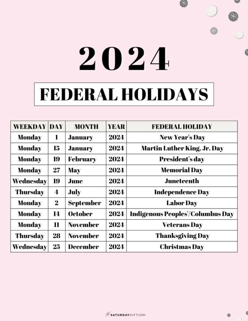 List Of Federal Holidays 2024 In The U.s. | Saturdaygift | 2024 Yearly Calendar with Federal Holidays