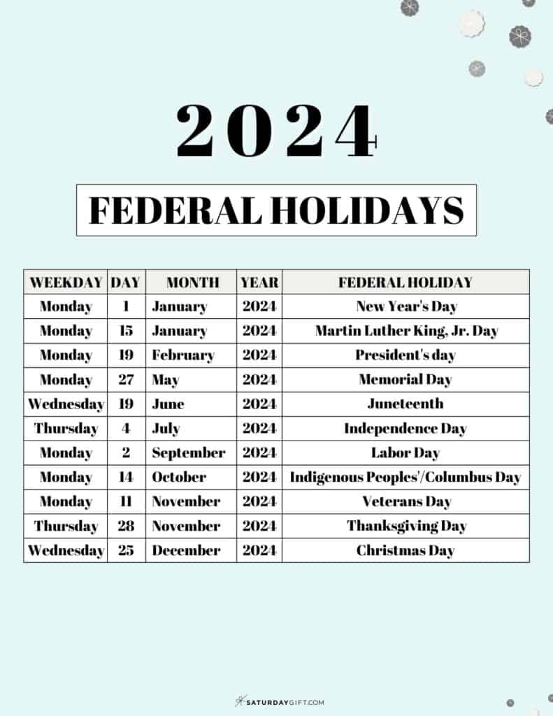 List Of Federal Holidays 2024 In The U.s. | Saturdaygift | Calendar 2024 With Holidays