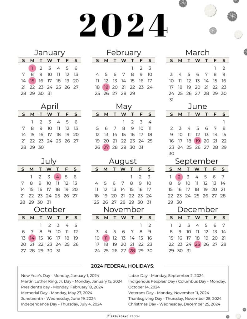 List Of Federal Holidays 2024 In The U.s. | Saturdaygift | Printable Calendar 2024 With Federal Holidays