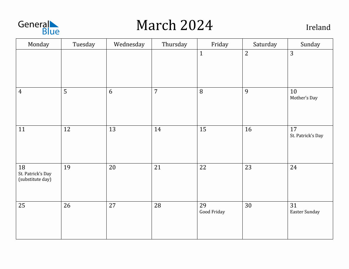 March 2024 - Ireland Monthly Calendar With Holidays | Printable Calendar 2024 Ireland