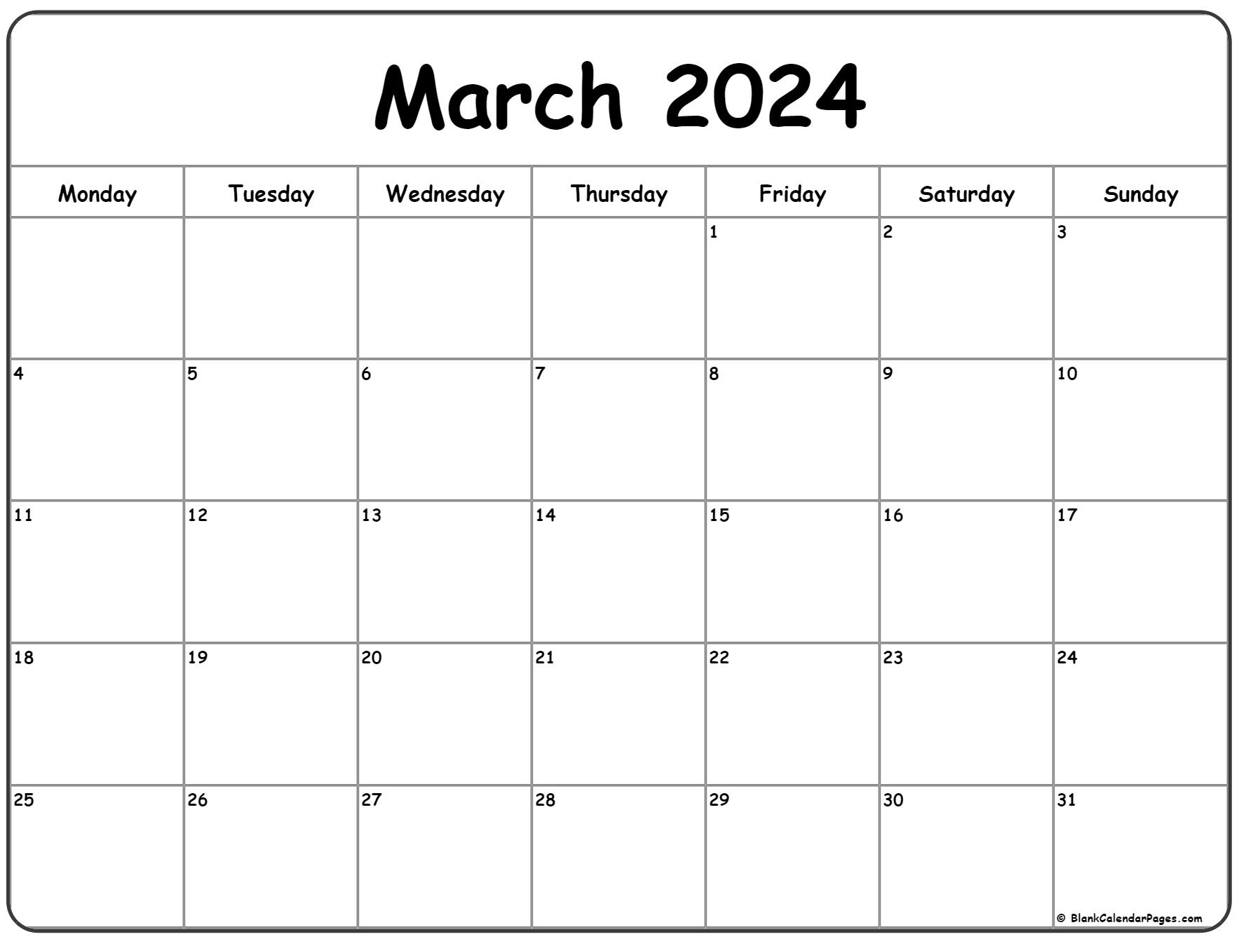 March 2024 Monday Calendar | Monday To Sunday | Calendar March 2024 Calendar Printable