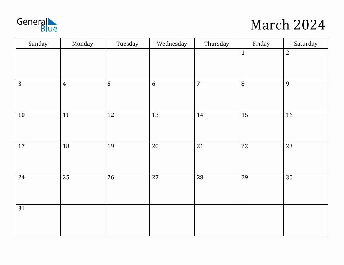 March 2024 Monthly Calendar | 2024 Monthly Calendar Printable General Blue