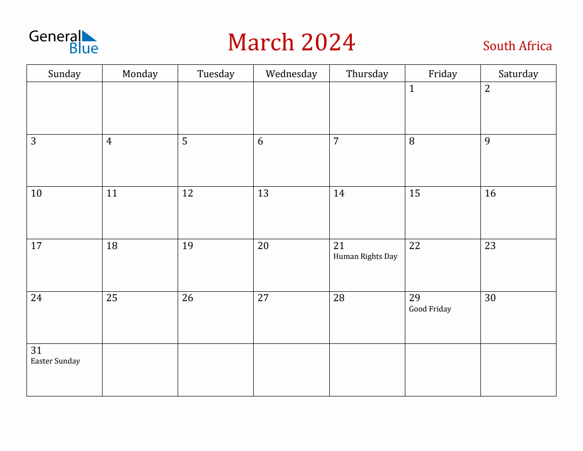 March 2024 South Africa Monthly Calendar With Holidays | Printable Calendar 2024 With Holidays South Africa