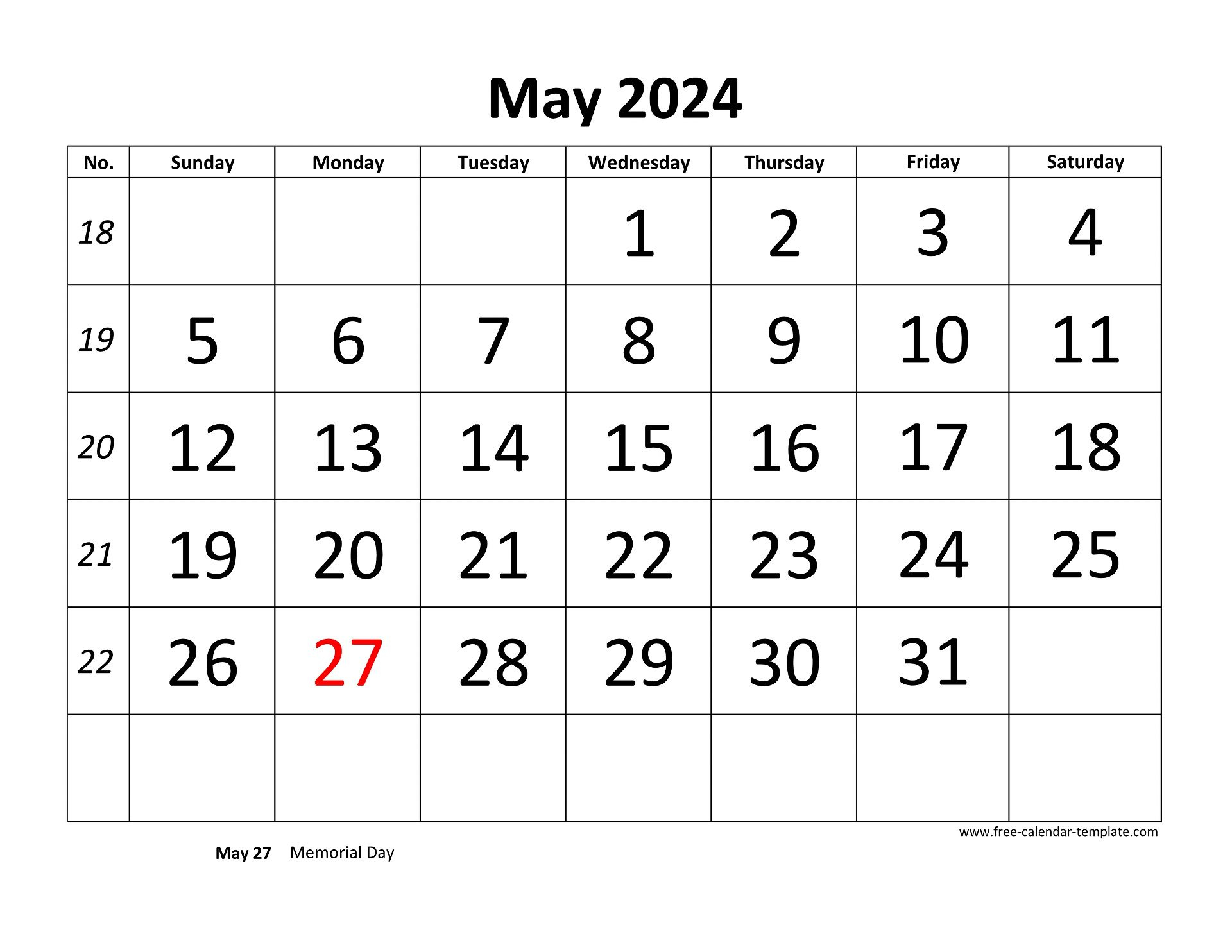 May 2024 Calendar Designed With Large Font (Horizontal) | Free | Calendar 2024 Printable Free Word