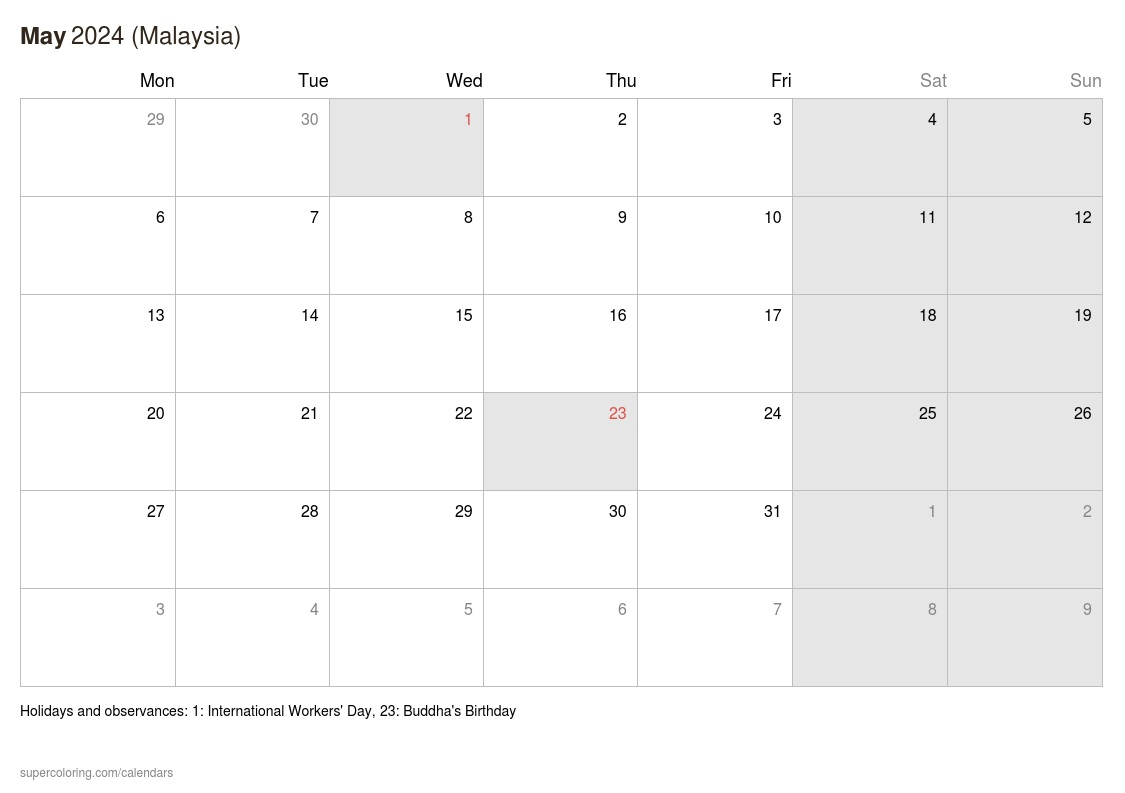 May 2024 Calendar - Malaysia | Calendar 2024 Malaysia Printable