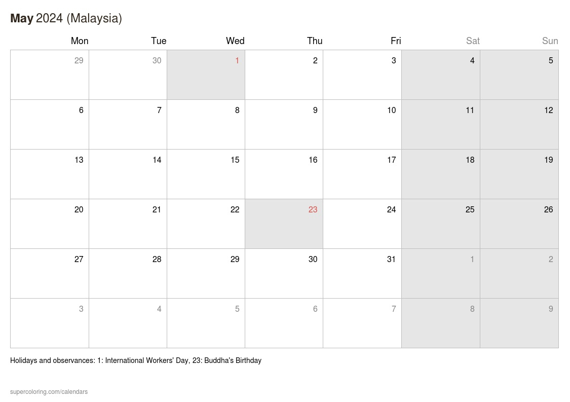 May 2024 Calendar - Malaysia | Printable Calendar 2024 Malaysia Pdf