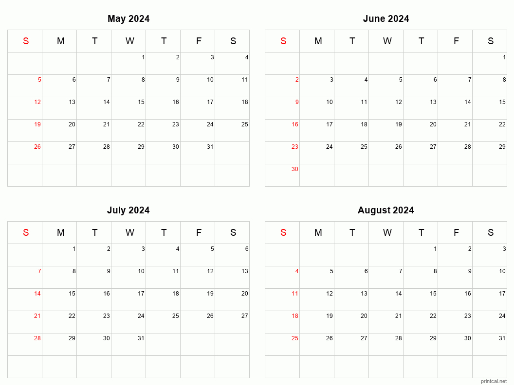 May To August 2024 Printable Calendar | Four Months Per Page | Printable 4 Month Calendar 2024