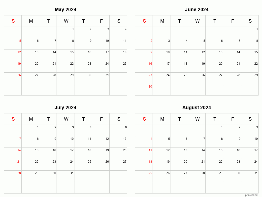 May To August 2024 Printable Calendar | Four Months Per Page | Printable Calendar 2024 4 Months Per Page