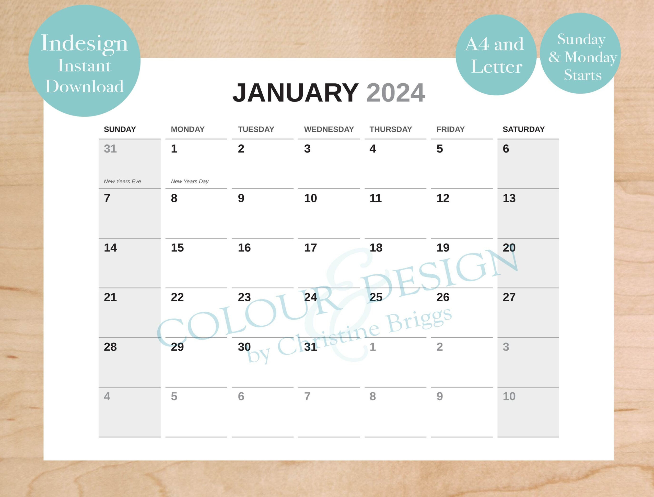 Modèle Modifiable De Calendrier Indesign 2024. Graphistes - Etsy | Calendar Template Indesign 2024