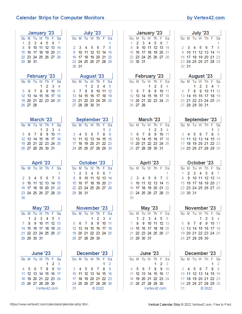 Monitor Calendar Strip Template | Vertex42 Calendar Printable 2024