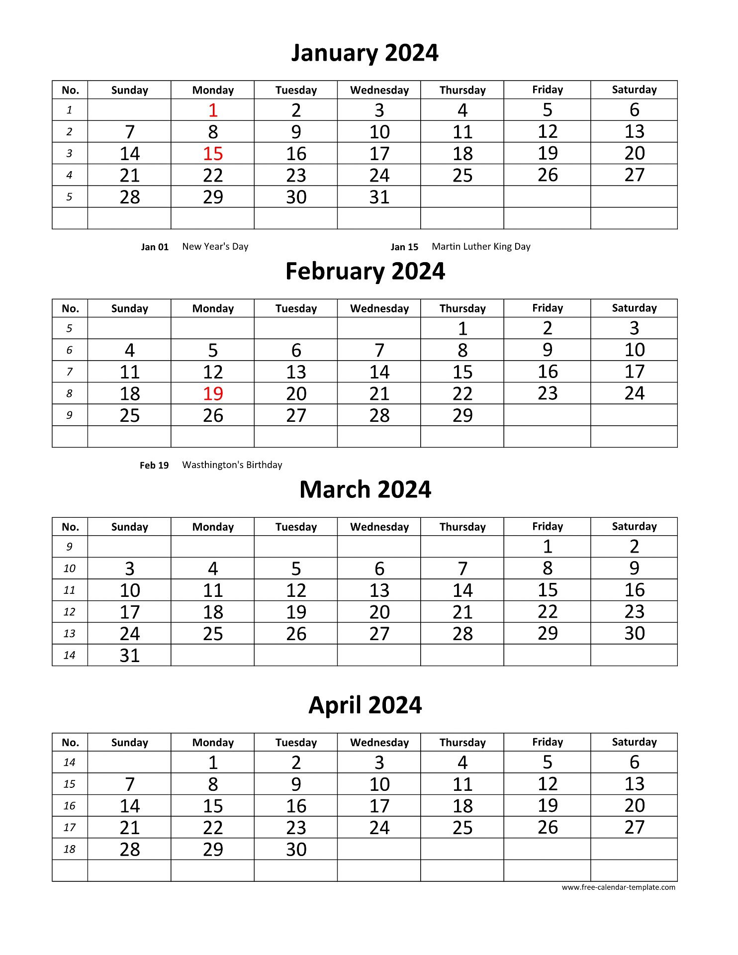 Monthly 2024 Calendar 4 Months Per Page (Vertical) | Free-Calendar | Printable 4 Month Calendar 2024