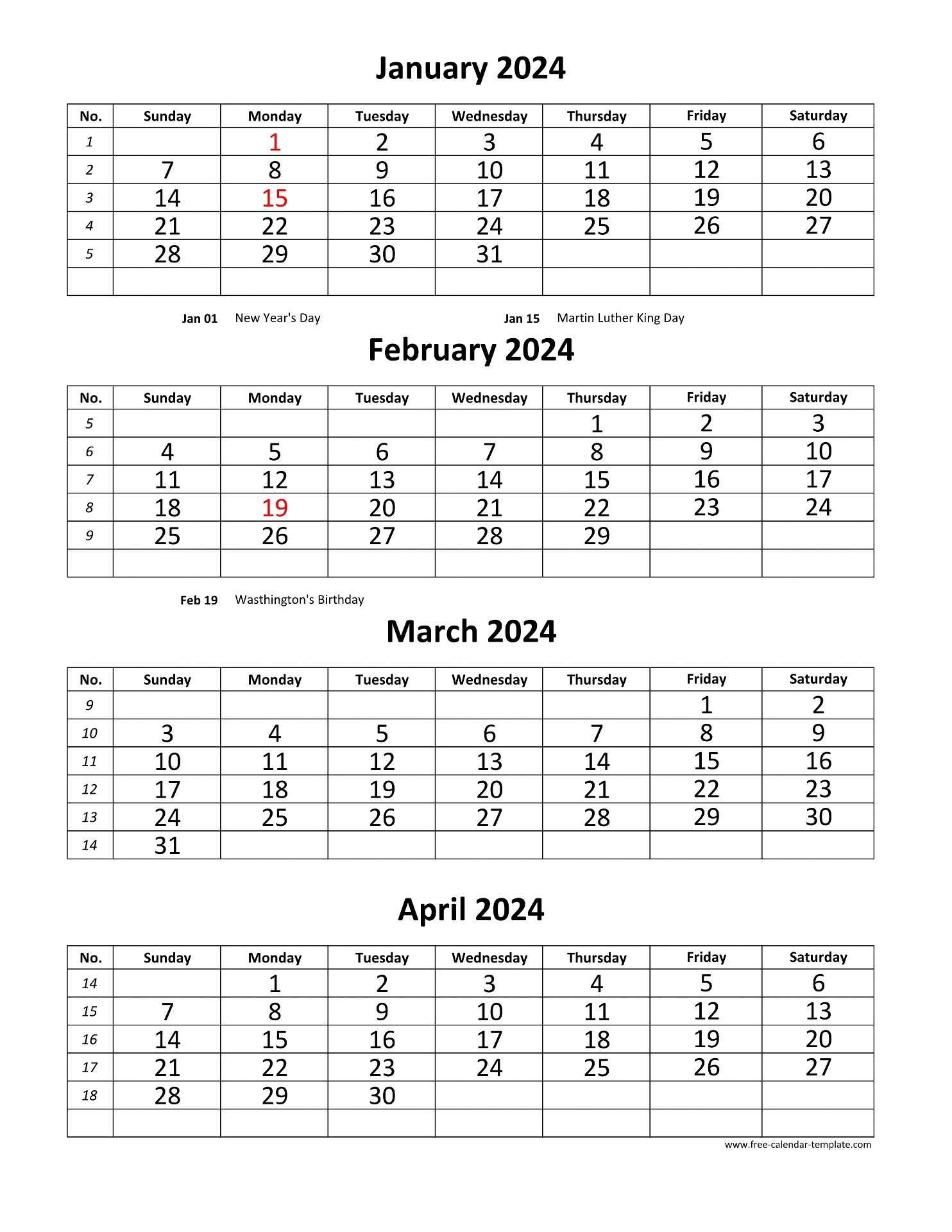 Monthly 2024 Calendar 4 Months Per Page (Vertical) | Free-Calendar | Printable Calendar 2024 4 Months Per Page