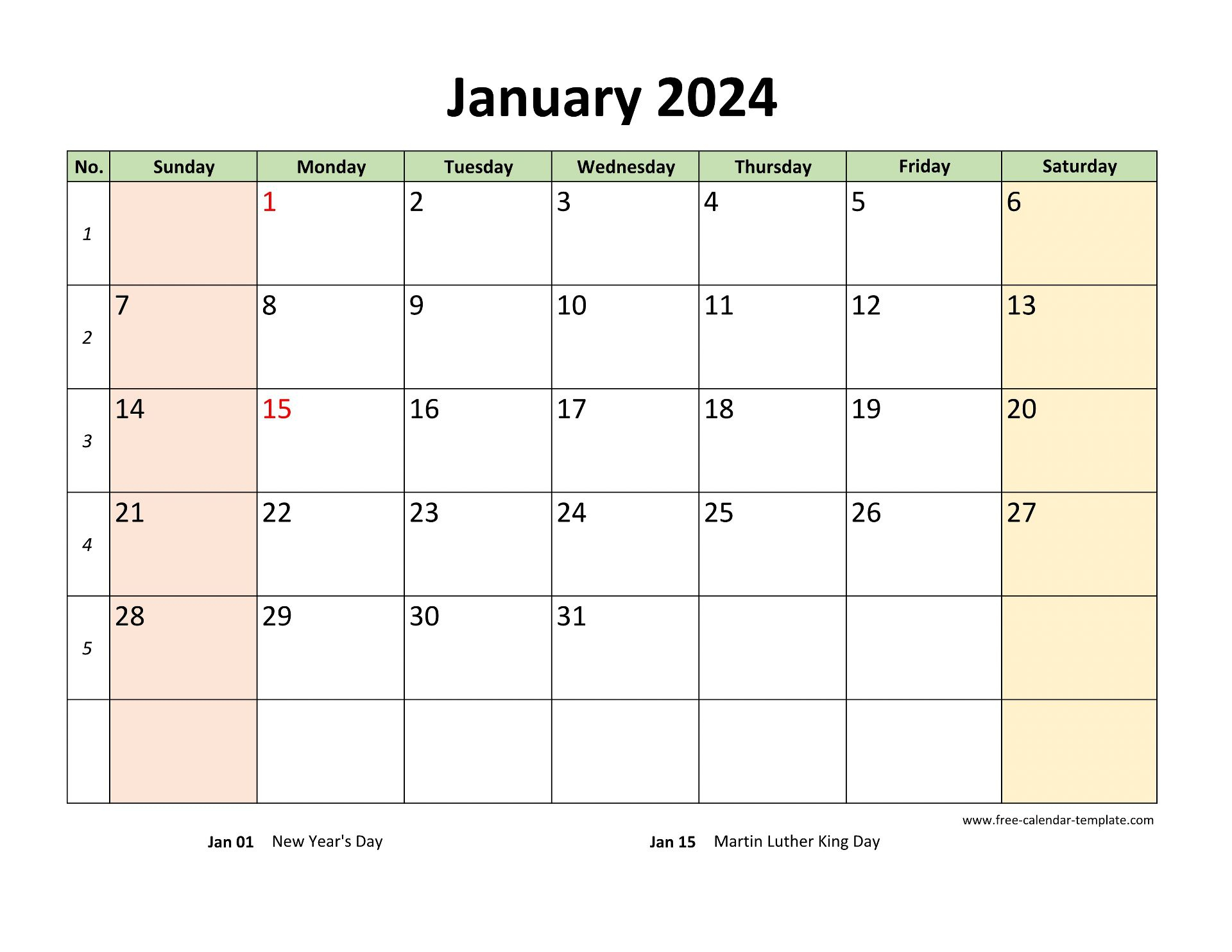 Monthly 2024 Calendar Printable With Coloring On Weekend | 2024 Calendar Printable Colour