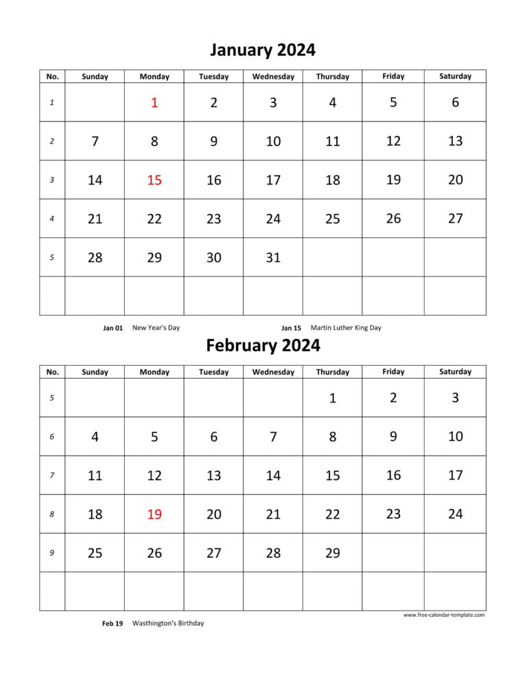 Monthly Calendar 2024, 2 Months Per Page (Vertical) | Free | 2 Month Printable Calendar 2024