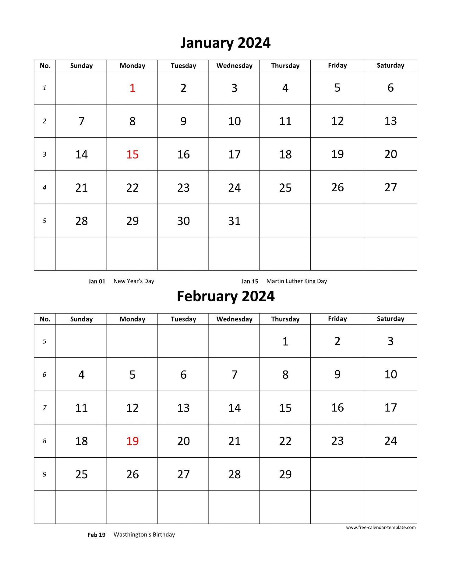 Monthly Calendar 2024, 2 Months Per Page (Vertical) | Free | Free Printable Calendar 2024 2 Months Per Page