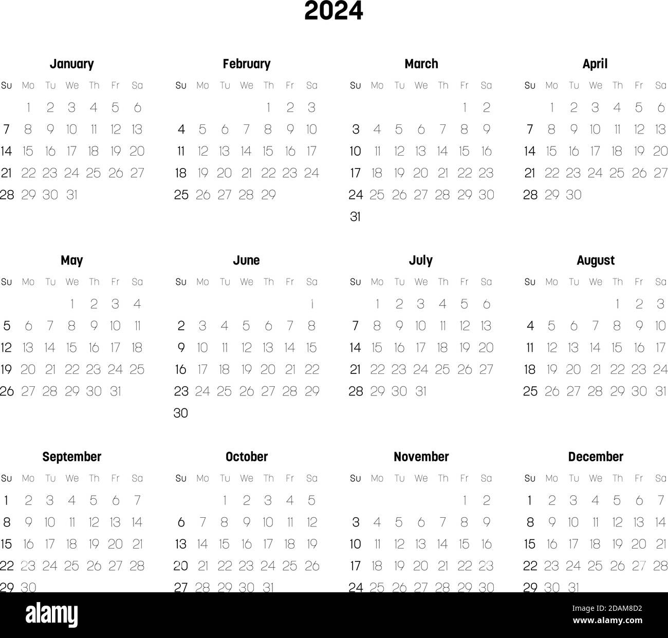 Monthly Calendar Of Year 2024. Week Starts On Sunday. Block Of | 2024 Yearly Calendar By Month