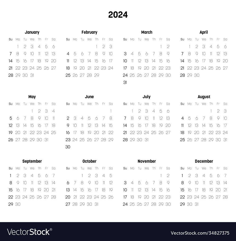 Monthly Calendar Year 2024 Royalty Free Vector Image | 2024 Yearly Calendar By Month