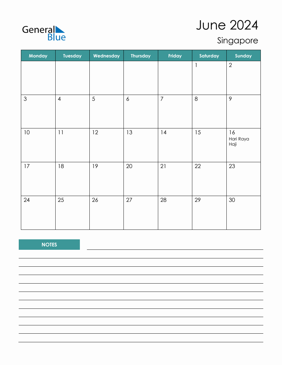 Monthly Planner With Singapore Holidays - June 2024 | 2024 Monthly Calendar Printable General Blue