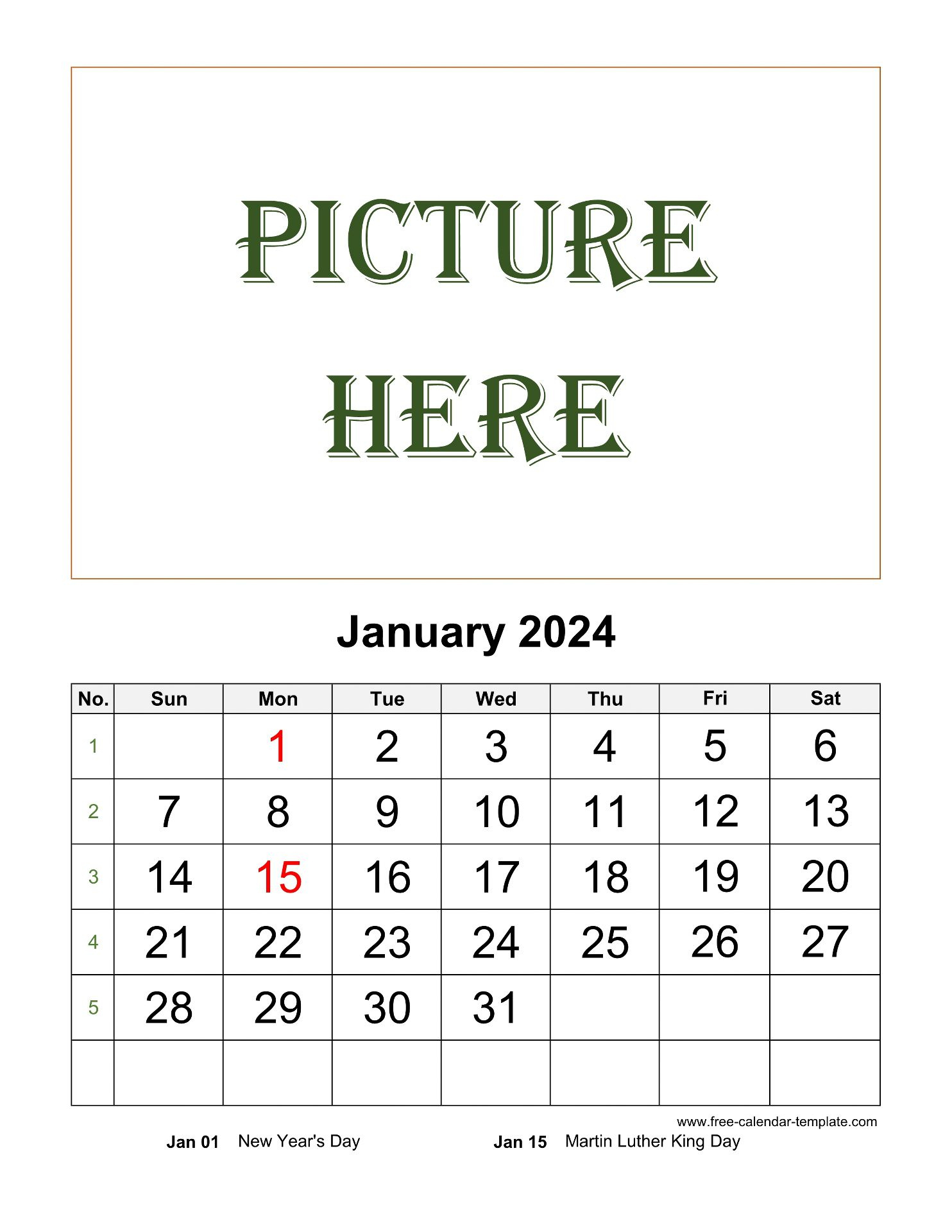 Monthly Printable 2024 Calendar, Space For Add Picture (Vertical | Free Printable Vertical Monthly Calendar 2024