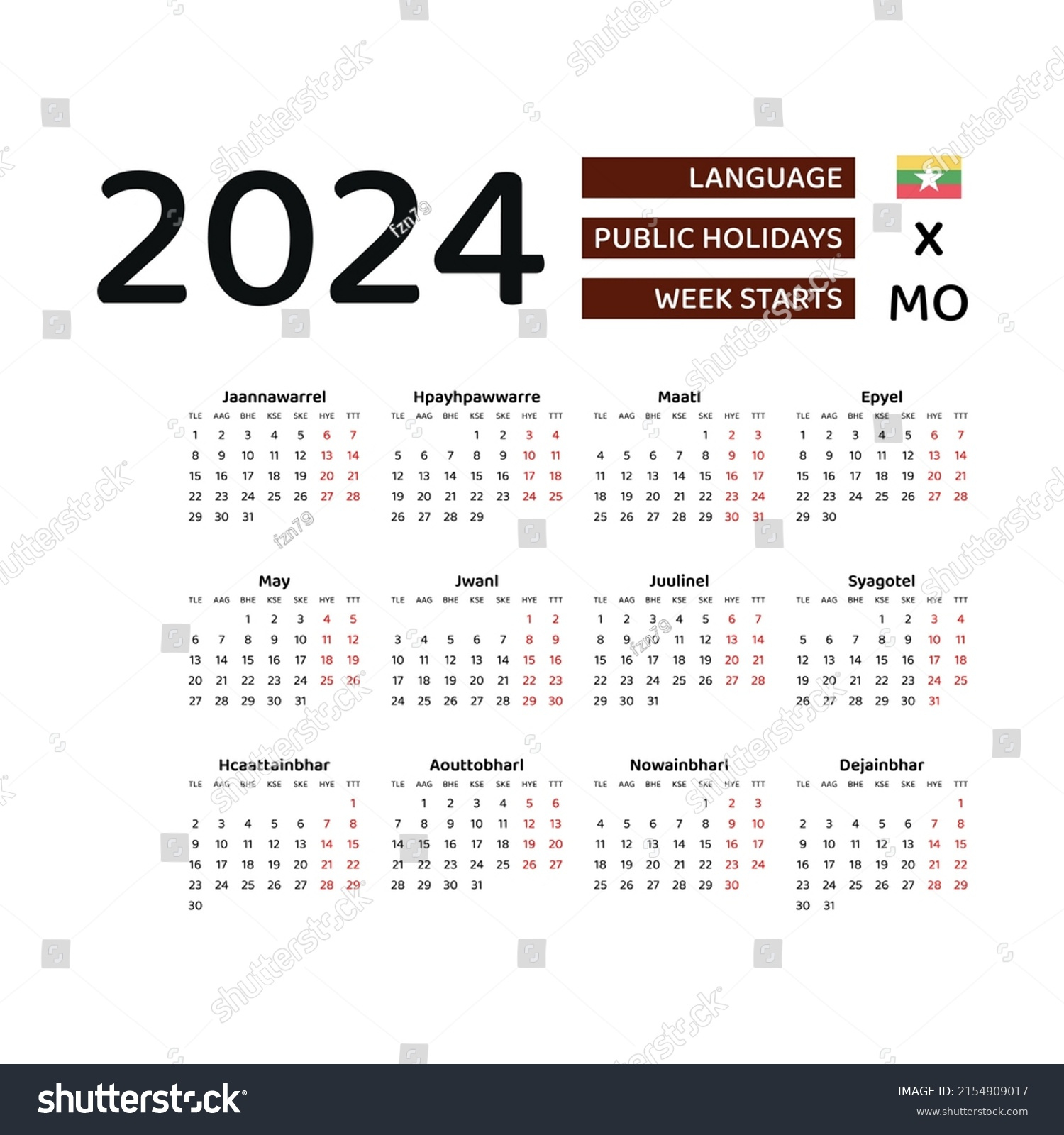 Myanmar Calendar 2024 Week Starts Monday Stock Vector (Royalty | Printable Calendar 2024 Myanmar