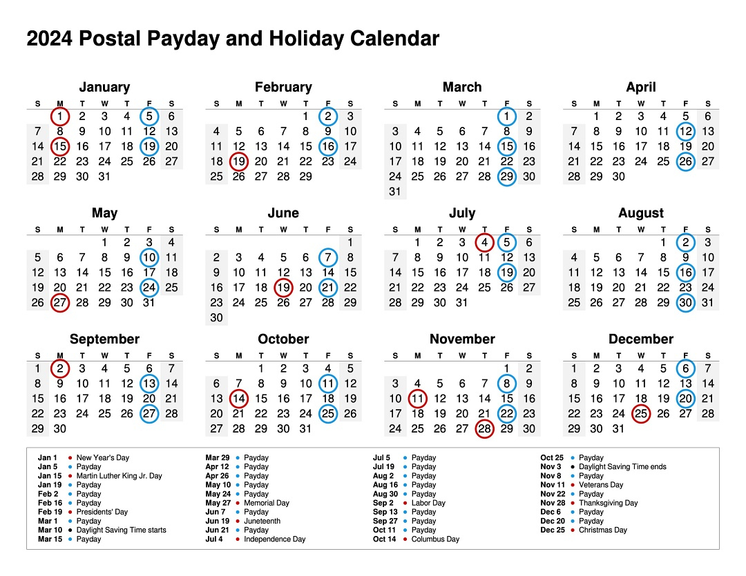 New 2024 Printable Postal Holiday And Payday Calendar - Ruralinfo | 2024 Rotating Day Off Calendar Printable