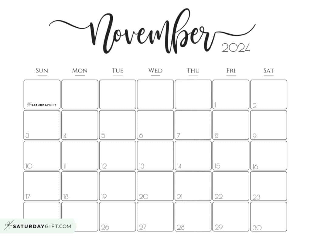 November 2024 Calendar - 20 Cute &amp;amp; Free Printables | Saturdaygift | November Calendar 2024 Printable