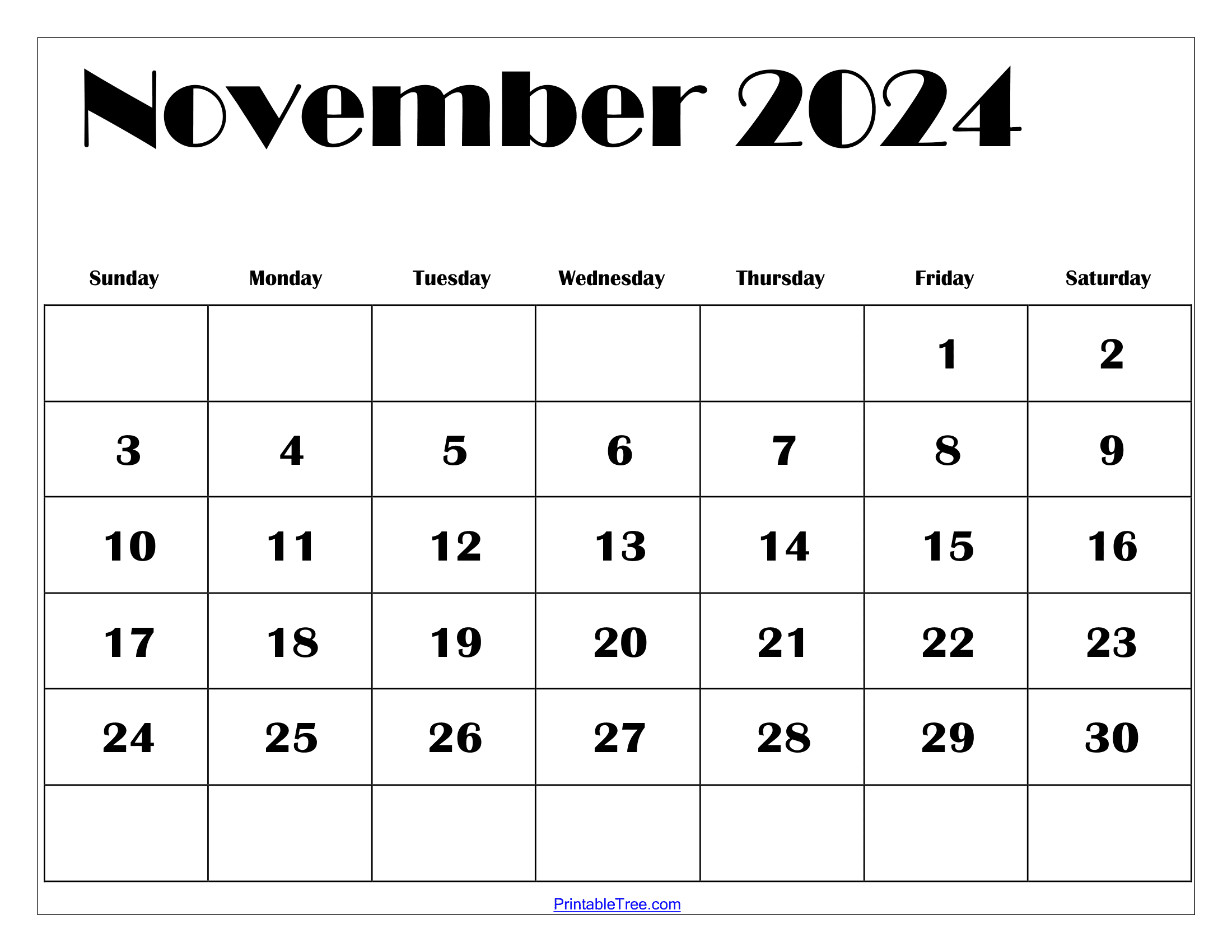 November 2024 Calendar Printable Pdf Template With Holidays | Free Printable 2024 Blank Calendar